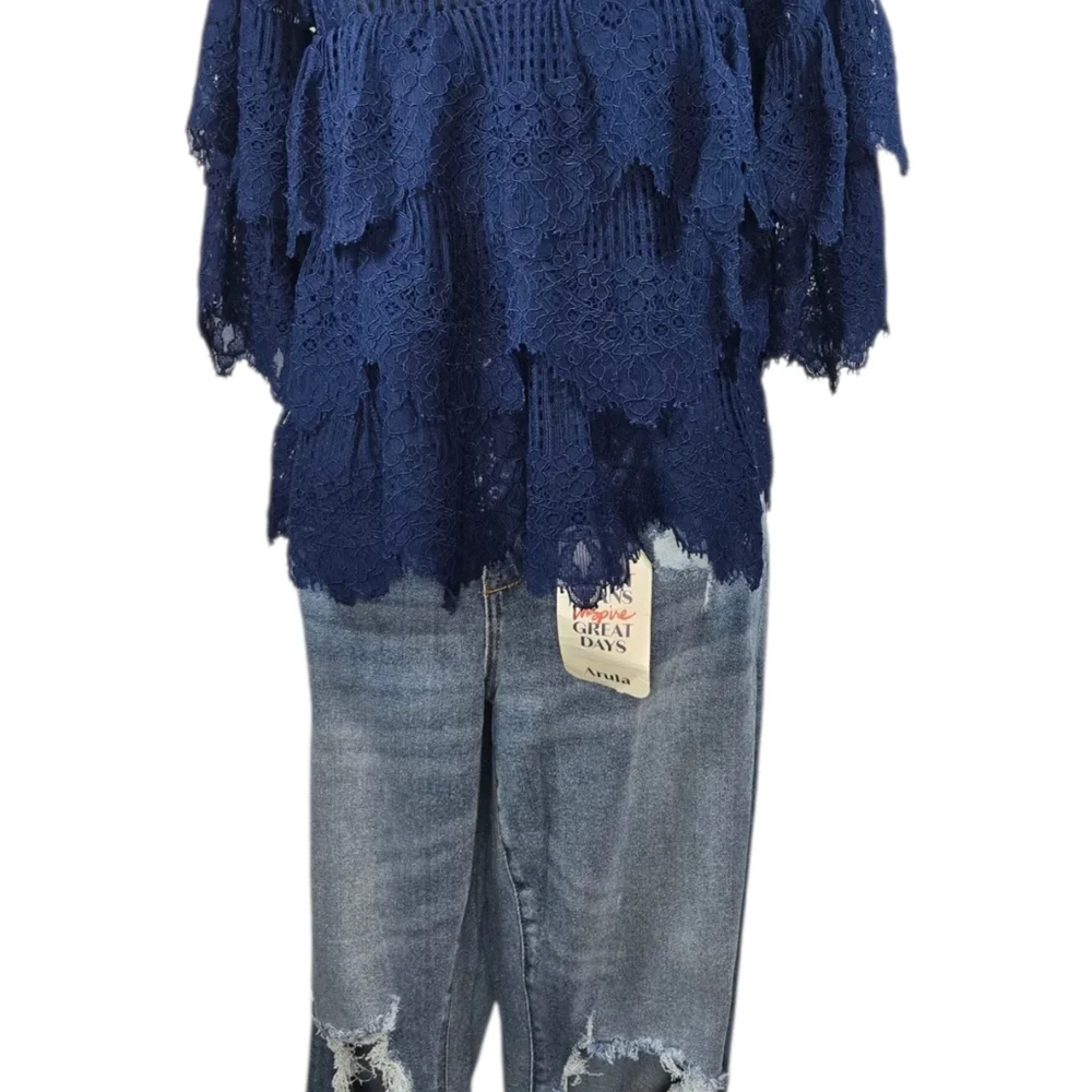 Elena Antoniades London Navy Blue Lace Tiered Blouse M | Floral Crochet Top